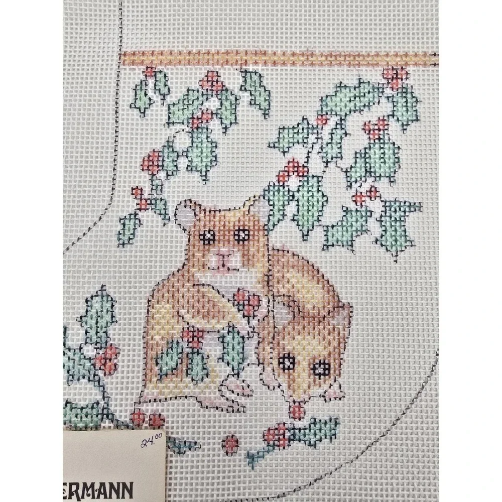 Vtg Linda Sondermann Handpainted‎ Needlepoint Canvas Christmas Stocking Hampster